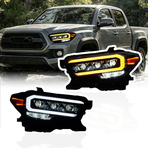 Sheraho LED Triple Projector Headlights for 2016-2023 Toyota Tacoma 3rd Gen (Not Fit Factory LED Headlights w/LED DRL High/Low Beam Lens Amber Side Marker Lights Head Lamps LH+RH