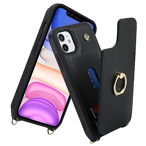 Image of for iPhone 11 Phone Case with Card Holder and Strap for Women,Crossbody Lanyard,RFID Blocking,Kickstand Ring Stand,Snap Clasp,Phone Wallet Cases 6.1 inch(Black)