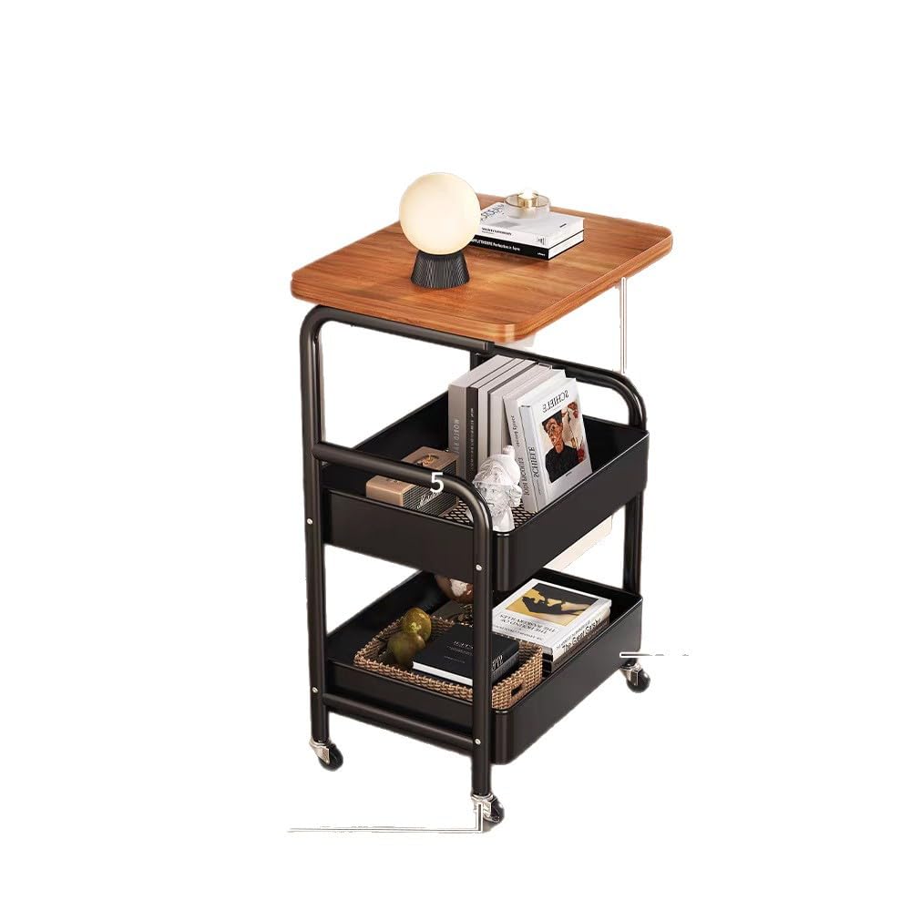 LOSTTYPE 3-Tier Trolley on Wheels, Multifunctional Cart with Wooden Shelves and Metal Baskets,Coffee Cart,Floor-Standing Storage Trolleys,Suitable for Kitchen, Bedroom, Bathroom, Office (Black)