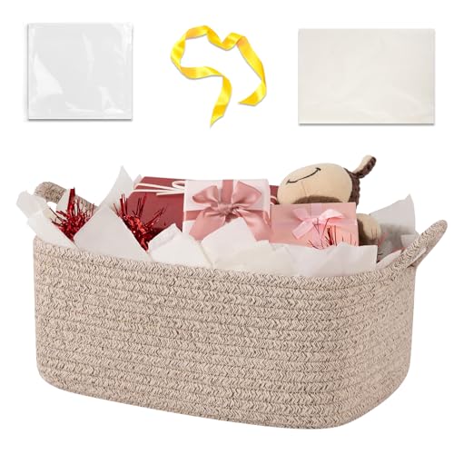 Image of OIASKET Gift Basket Empty with Handle, Small Woven Baskets for Gifts Empty | 13.6 inchx10 inchx5.9 inch, Baby Shower Toy Storage Baskets, Dog Toy Storage for Organizing, with Gift Bag Ribbon Tissue Paper