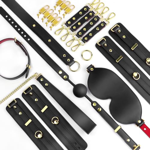 Lockable Sex Bondage BDSM Kits,7 Pcs Leather Adjustable Restraints Set with Handcuffs Ankle Cuffs Blindfold Cross Strap Paddle Collar and Leash Ball Gag,Adult Sex Toys for Couple Beginner SM Game Play