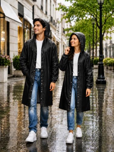 Image of Hooded Waterproof Men's & Women's Raincoat, Lightweight Long Rain Jacket, Button Front, Windproof Outdoor Rainwear | Free Size |