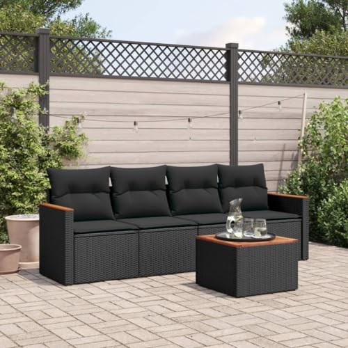 Mokuyary Sofá de jardín 5 delg. Sofá de jardín con almohada negro poliratán salón sofá muebles de jardín para balcón terraza con mesa M325K177