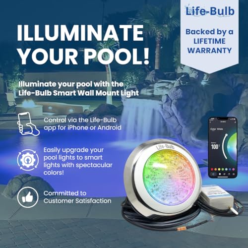 Life-Bulb Smart Pool LED Pool Lights for Inground Pool, Wall Mounted, Color Changing with Remote - 75ft Cable, Works with Remote or Phone App - iOS/Android Compatible, Lifetime Replacement Program