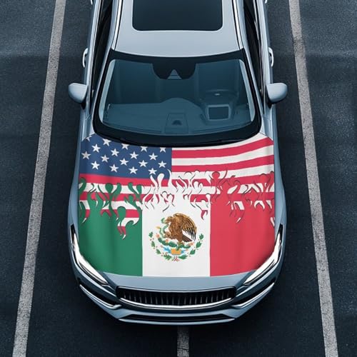 Image of Hood Cover Protector for Car, Stretchable Auto Hood Wrap Blankets, USA and Mexico Flag Design, Waterproof Automotive Accessories for SUV Sedans Trucks (59x39 inches)