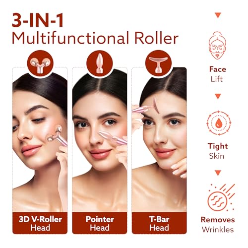 Image of AGARO 3-In-1 Face Roller, 3D V-Roller Head, Pointer Head, Facial Roller Kit for Face, Eye, Neck, Anti-Aging Facial Massager for Anti-Wrinkle, (Rose Gold)