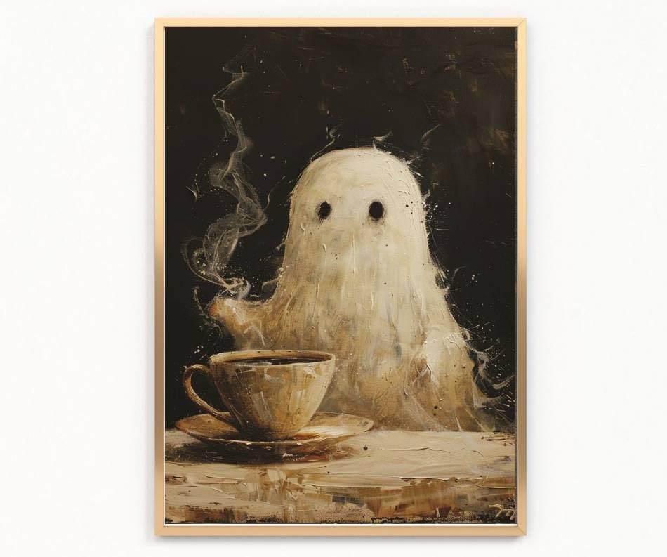 ghost drinking coffee Print Picture Poster dark academia gothic halloween A4 UNFRAMED 1 wall art Home decor Decorating vintage VICTORIAN style SKULL