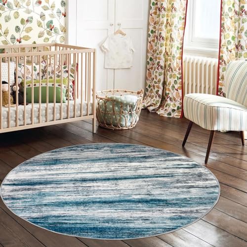 KOZYFLY Abstract Round Washable Rug 3Ft, Modern Kitchen Non-Slip Soft Small Bathroom Circle Rug, Blue Striped Entryway Rugs Print Faux Wool Doormat for Bedside Entrance Bedroom Sink
