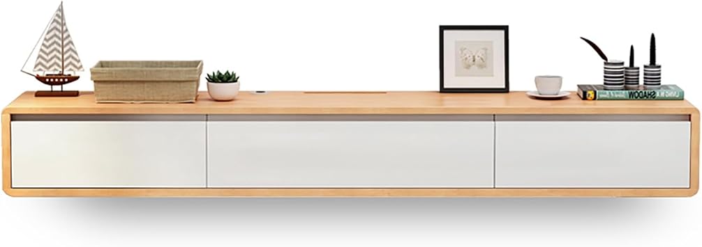 Floating TV Stand In Solid Wood Media Console Centre Floating shelves with doors and drawers Wall Mounted TV Cabinet Easy to assemble Suitable for living room and bedroomWood color+white,140x2