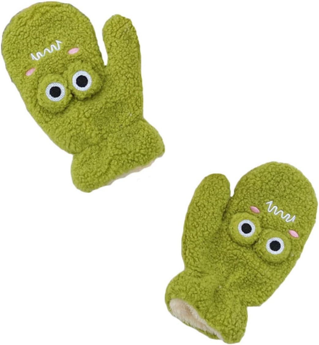 SECFOU 1 Pair Green Fluffy Winter Gloves and Adults, Breathable and Moisture Absorption Cartoon Mitts, Warm Soft Hand Covers for Cold Weather