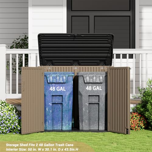Image of KINYING Larger Outdoor Storage Shed Weather Resistance, Resin Sheds & Outdoor Storage for Garden, Patios, Backyards, 48 Cu.Ft Tool Shed for Garbage Cans, Lawn Mower, Garden Tools,Brown