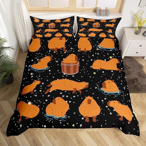 SJSXWQN掛け布団カバー 茶色のカピバラ 布団カバー 3点セット 抗菌防臭 防ダニ 通気性 洗い速乾 ポリエステル 布団カバー (210x210cm) + 2枕カバー(43x63cm)