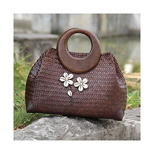Bolso tejido a mano de paja estilo bohemio con asa de madera para mujer, bolso tote de ratán para verano, playa y viaje con flor blanca (color café) miniatura 3