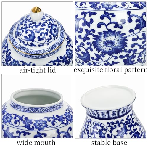 Image of Goaste Blue and White Ginger Jar with Lid, 7.2 Inch Chinoiserie Porcelain Ginger Jars Airtight, Decorative Ceramic Tea Candy Storage Jar, Handmade Vintage Flower Vase for Home Decor, Sugar Nuts Herbs