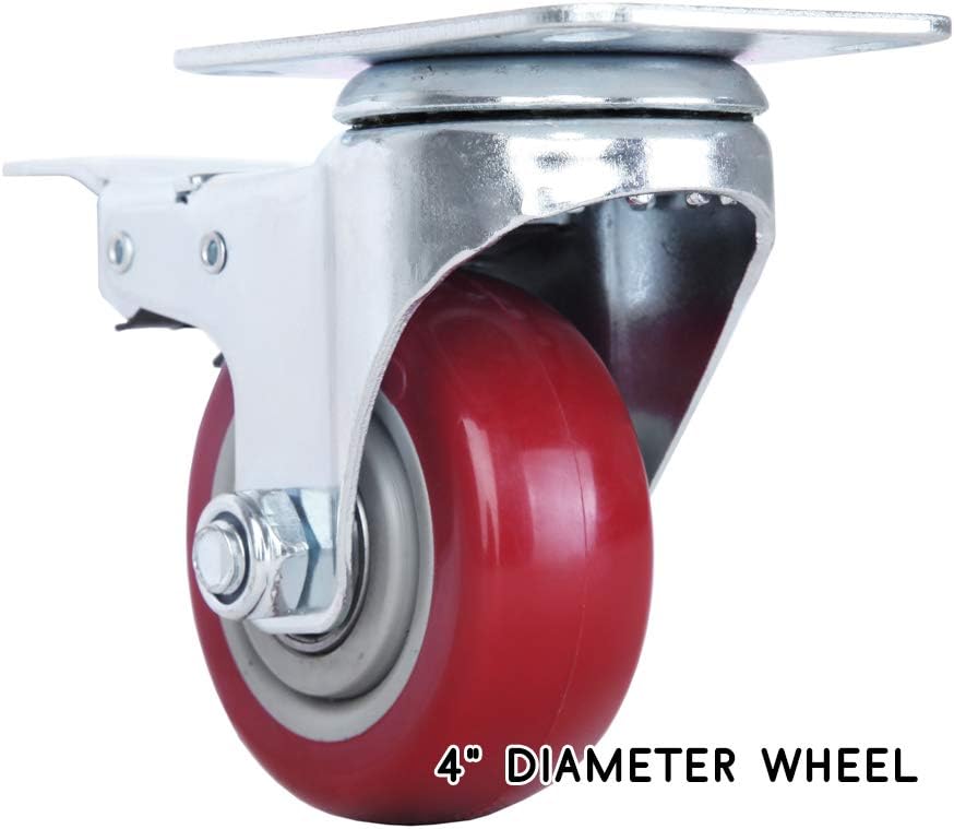 Finnhomy Caster Wheels Set of 4 with Brake 4 Inch Plate Swivel Casters Premium Polyurethane Wheels PU Load Bearing 2,000 Lbs Lockable Anti-wear Smooth Casters Red : Industrial & Scientific