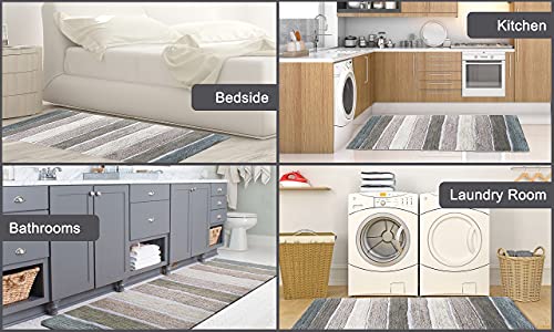 Chardin Home Cordural Stripe Bath Rug Runner With Skid Resistant Latex Spray Underneath. Bluish Gray-Beige, 24" W X 60'' L #TOP4