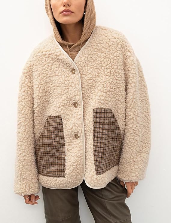 Lumister Womens Fleece Jacket Button Down Sherpa Jackets Fuzzy Teddy Coats Outerwear with Plaid Pockets4