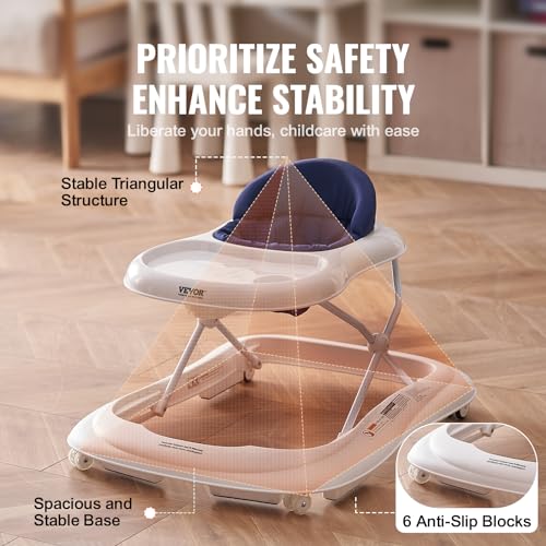 Image of VEVOR Baby Walker, Foldable Baby Walkers and Activity Center on Wheels, 3-Level Height Adjustable Toddler Infant Walker with Feeding Tray, Anti-Rollover Activity Walker Helper for Boy Girl 6-12 Months