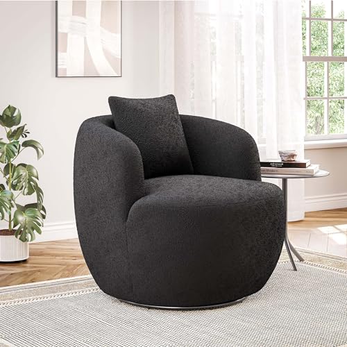 Image of BELLEZE Modern Round Boucle Swivel Armchair - Curved Backrest Upholstered 360 Swivel Sofa Accent Chair with Pillow, Comfy for Living Room - Francisco (Black)
