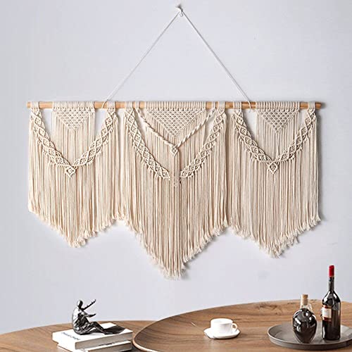 Tenture murale macramé en coton bohème avec pompons et perles pour salon - 8