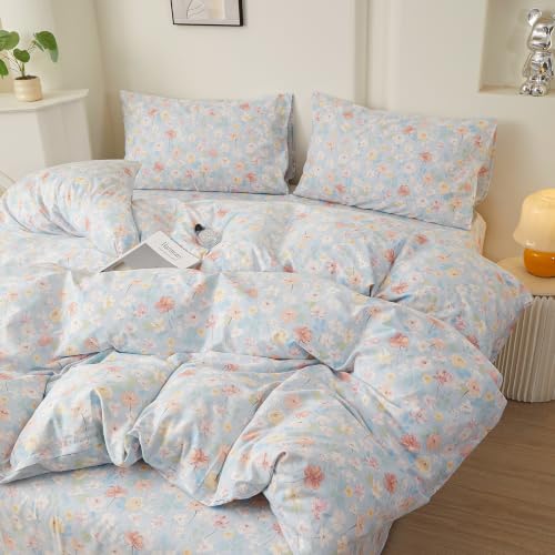 Image of LifeTB Vintage Blue Floral Full Size Comforter Set Cottagecore Bedding Set | Aesthetic Floral Botanical Flowers Comforter for All Season Soft Lightweight Bedding Comforter with 2 Pillowcases