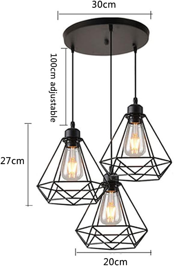 Mengjay Ceiling Pendant Light, Vintage Industrial Hanging Lamp, Chandelier Metal Black Iron Cage Diamond Shape E26 Base for Corridor, Porch, Bedroom, Store,Coffee Shop (3 Lights - 20cm) (B)