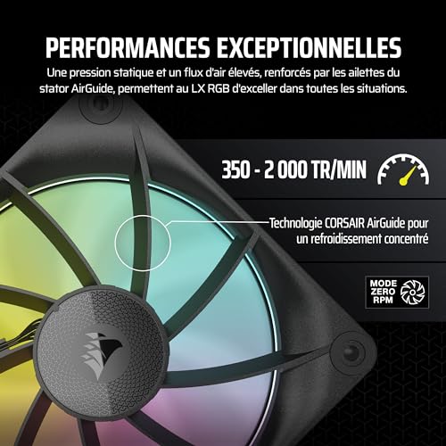 CORSAIR iCUE Link LX140 RGB 140 mm PWM Ventilateur Paquet Unique – Double Boucles Lumineuses – Requiert Le iCUE Link System Hub (Vendu Séparément) – Technologie CORSAIR AirGuide – Noir