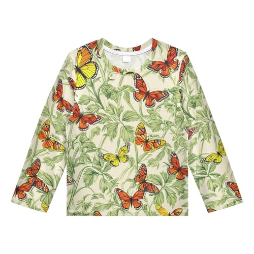 DOMIKING Monarch Butterfly Plant Beige Boys Long Sleeve Rashguard Shirt Kids Quick Dry Swim Shirt for Running Swiming Pool 9-10T