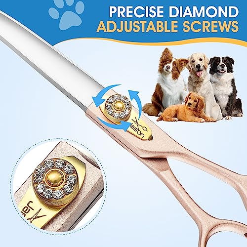 JASON Profi Set Roségold Hundeschere 7 Zoll - Gebogene Schere & 54Z Effilierschere - Japanischer 440C-Edelstahl mit Sicherheitsspitze & Gummipuffer - Fellpflegeset für Konturen & Ausdünnen - Für Hunde
