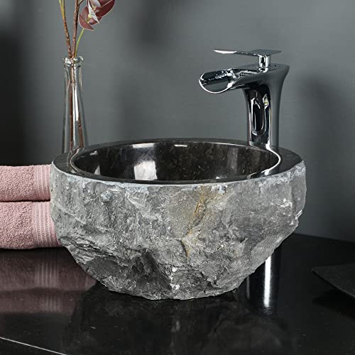 wohnfreuden Lavabo in marmo nero rotondo 30 cm – unico lavabo da appoggio in pietra per il bagno