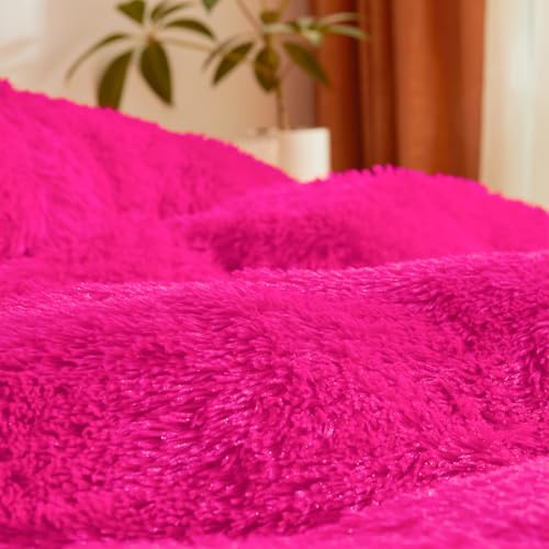 Fluffy Faux Fur Hot Pink Comforter Cover Queen Set – Plush Fluffy Hot Pink Bedding 3-Piece Set (1 Duvet Cover + 2 Furry Pillow Shams) Cozy Bed Set