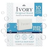 Ivory Gentle Bar Soap, Designed for Whole Family, 99.44% Pure Formula, Plant-Based Cleanser, Made Without Heavy Perfumes, Parabens & Phthalates, For All Skin Types, Original Scent, 3.17 oz (10 Count)