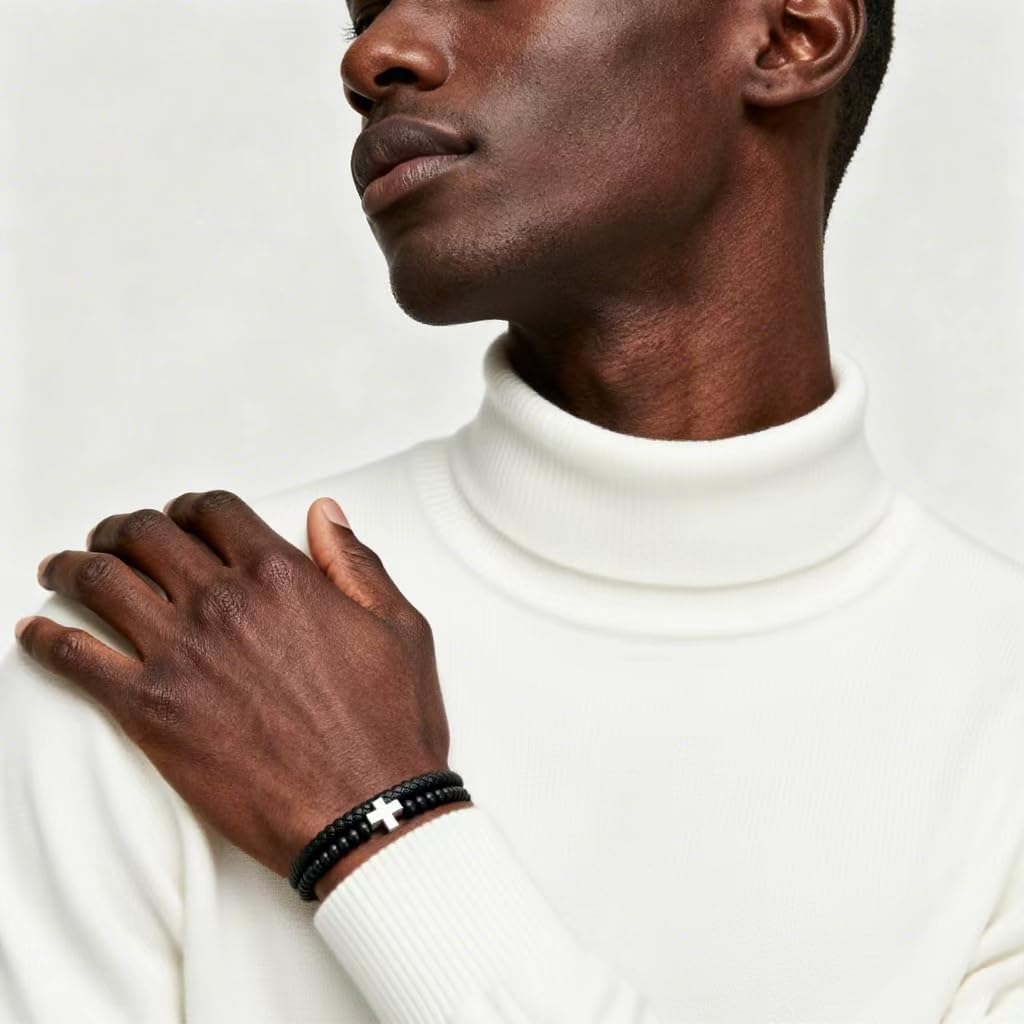 Mens Bracelet Cross, Black Braided Leather with Stainless Steel Cross & Onyx Bead Cuff Bracelet,7.5-9.5 Inch Fit for Dad, Brother, Son - Bible Verse Christian Religious Gift for Men - Image 5