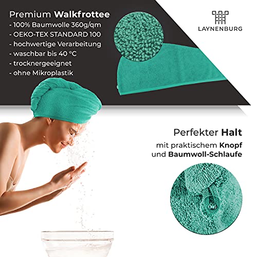 LAYNENBURG 2er-Set Premium Haarturban mit Knopf aus 100% Baumwolle - Haarhandtuch inkl. 8 Haargummis - für Kurze und Lange Haare – Turban Handtuch ist schnelltrocknend und saugstark (türkis)