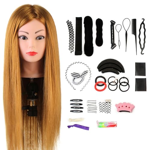 Neverland Cabeza de Peluqueria 24' 60% Pelo auténtico Cabeza de peluquero Cabeza peluqueria Cabeza pelo natural peluqueria Maniquí muñeca para Peluquería con Soporte + Accesorios de Peinado DIY