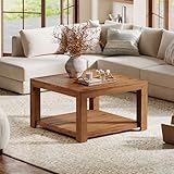 TRIBEWOOD Square Coffee Table with Storage & Fluted Panel, 31.5-inch Solid Wood Center...
