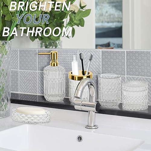 5PCS Glass Bathroom Accessories Set (Clear) - Soap Dispenser and Toothbrush Holder Set, Tumbler, Cotton Swab Jars, Soap Dish, Retro-Modern Bathroom Decor Sets, Gift for Wedding or Housewarming