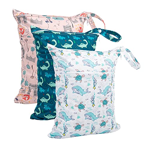 Image of babygoal Wet Dry Bags 3 Pack for Baby Cloth Diapers, Washable Travel Bags, Beach, Pool, Gym Bag for Swimsuits & Wet Clothes with Two Zippered Pockets 3LN17