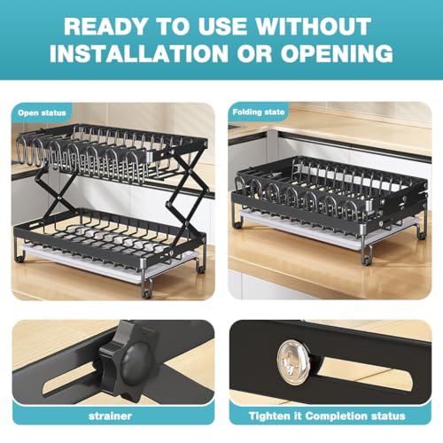 Image of HASTHIP Kitchen Dish Rack Double Layer Carbon Steel Drain Rack Cup Holder for Countertop - Multifunctional Kitchen Dish Drying Wire with Utensil Storage & Chopping Board Holder,Size 40x28x31