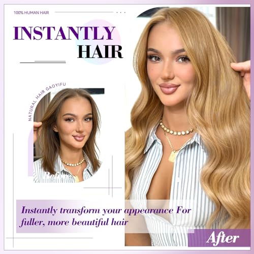 Image of Clip in Hair Extensions Real Human Hair 20 inch 105g /3.7oz Straight Seamless Invisible Human hair Extensions Clip ins for Women Double Weft 8pcs #27-Honey Blonde