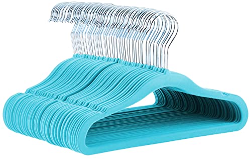 Amazon Basics Kids Velvet, Non-Slip Clothes Hangers for Infant and Toddler, 11.6 Inches, Pack of 50, Blue