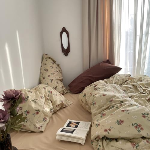 Image of MKXI Yellowish Beige & Red Floral Duvet Cover Set Twin Size - 3 Piece Vintage Country Bedding Set with Floral & Green Leaf Patterns, 100% Cotton Soft Aesthetic Duvet Cover with Ties & Pillowcases