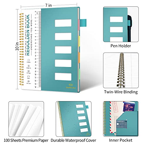 Regolden-Book 5 Subject Notebook College Ruled With Pocket And Dividers, Multi Subject Spiral Composition Notebook For School Supplies, Home & Office, Cornell Notes Notebook, 200 Pages, 7X10, Teal #TOP3