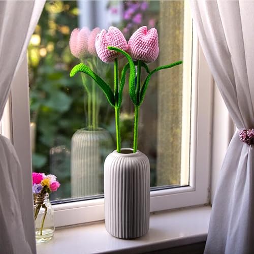 Image of Tulip Crochet Flowers | Handcrafted Artificial Faux Woolen Flower with Long Stem | Natural Looking Knitted Flower for Home, Living Room, Vase & Bouquet Decoration & Gifting | Baby Pink- 2 Pcs