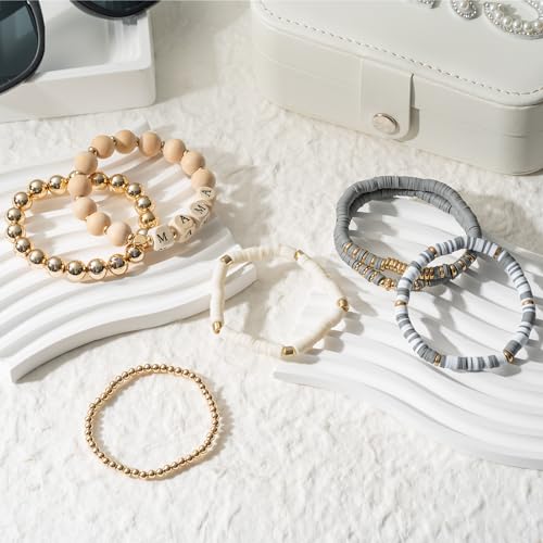 Y1tvei 7Pcs Mama Gray Bracelets Set Wooden Stackable Heishi Polymer Clay Beaded Stretch Surfer Bracelet Dainty Gold Plated Beads Elastic Layering Bracelet Mama to Be Mother's Day Gifts for Mom3