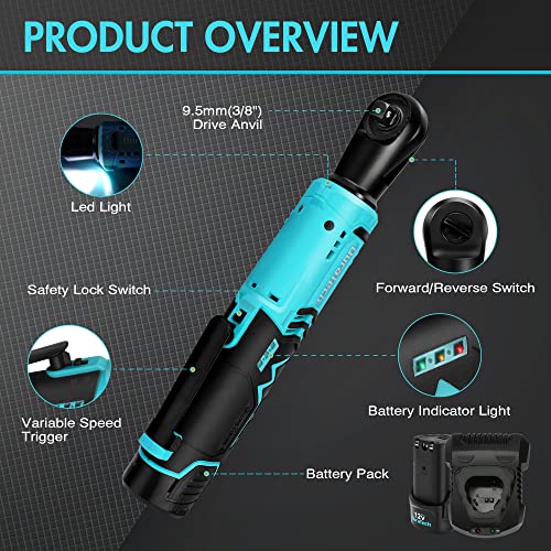 DURATECH Draadloze elektrische ratelsleutel, 12 V, ratelsleutel met snel opladen, 2 accu's met 2000 mAh, trigger met variabele snelheid, 65 N.m - Afbeelding 3