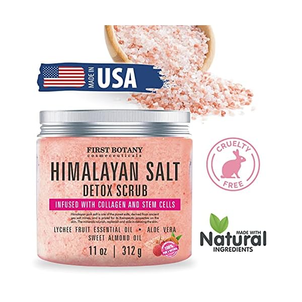 Himalayan-Salt-Body-Scrub-with-Collagen-and-Stem-Cells-Natural-Exfoliating-Salt-Scrub-Body-and-Face-Souffle-helps-with-Moisturizing-Skin-Acne-Cellulite-Dead-Skin-Scars-Wrinkles-11-oz First Botany, Himalayan Salt Body Scrub with Collagen & Stem Cells, Natural Exfoliating Salt Scrub Body & Face Souffle helps with Moisturizing Skin, Acne, Cellulite, Dead Skin Scars, Wrinkles, 11 oz
