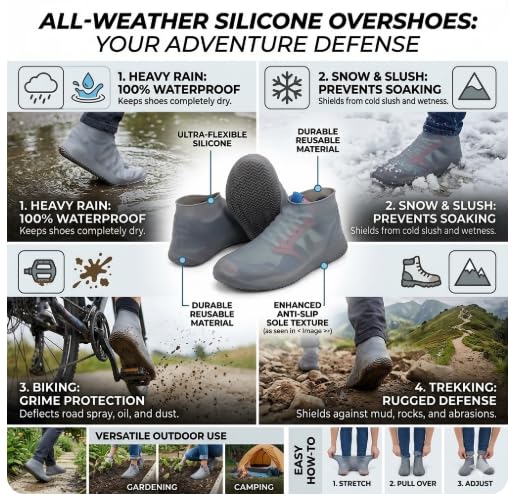 Image of Shoe Cover for Rain Waterproof, Silicone Shoe Covers Waterproof Reusable, Non Slip Rain Shoe Covers for Men Women Kids, Waterproof Shoe Covers for Rain (Grey, Large)