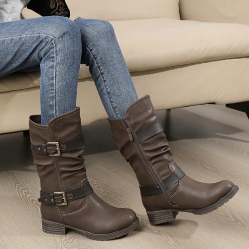 GLOBALWIN Mid-Calf Brown Comfortable Fashion Dress Boots For Women Low Heel Size 6.5M — view 3