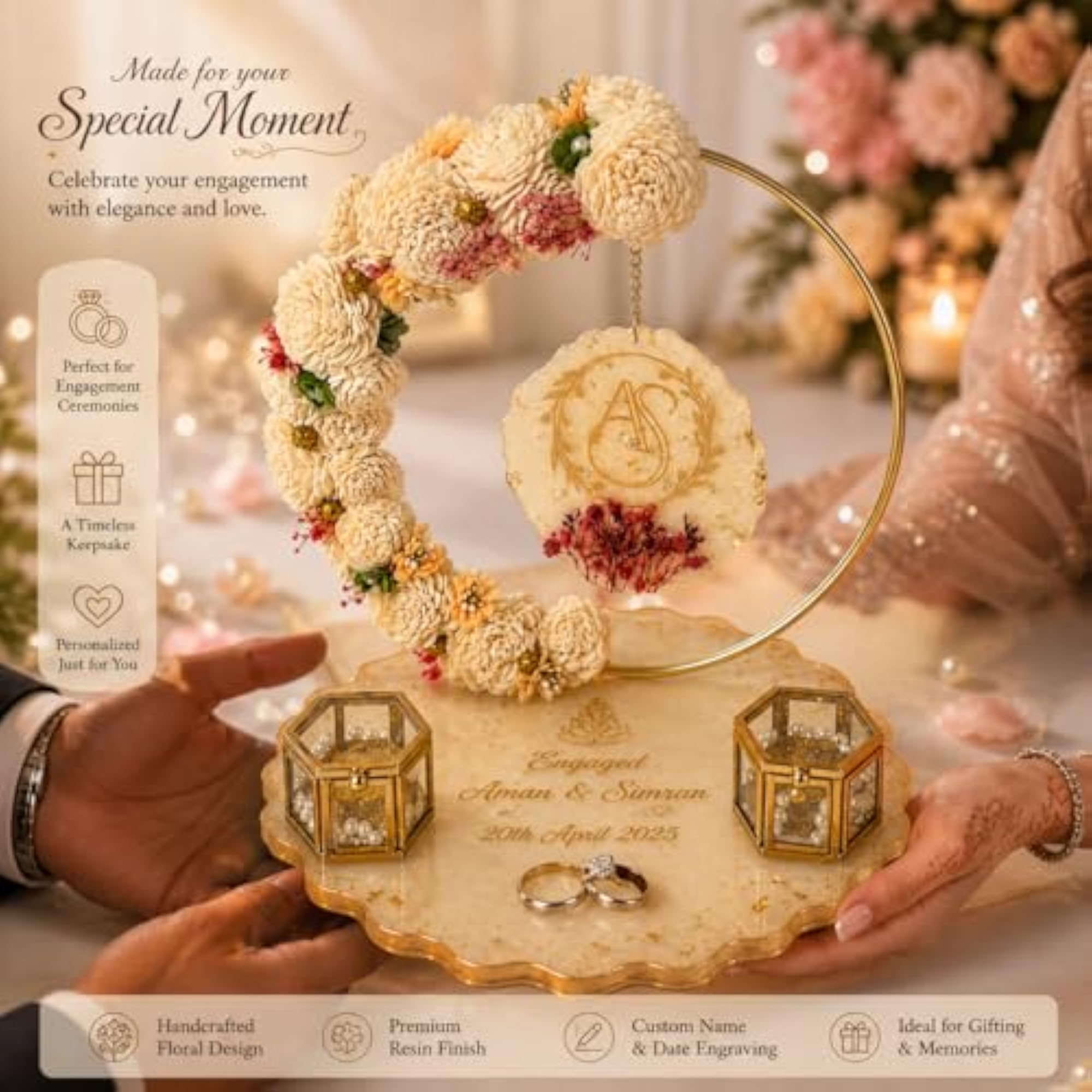 Personalized Floral Hoop Engagement Ring Tray with Custom Name & Date